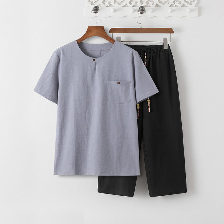 Buddha Stones夏 2点セット 無地 クルーネック Tシャツ ドローストリング 7-8丈パンツ コットンリネン タンスーツ メンズ 瞑想用クロスセット ポケット付き