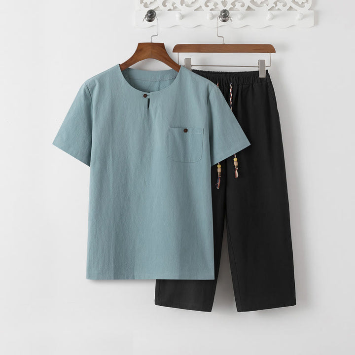 Buddha Stones夏 2点セット 無地 半袖 Tシャツ 7-8丈パンツ コットンリネン タンスーツ メンズ 瞑想用 布セット ポケット付き - ペールターコイズTシャツ＆ブラックパンツ - US/UK/AU46、 EU56 (5XL) - image 17