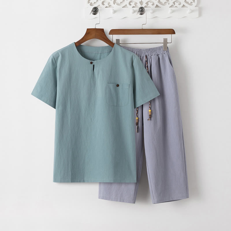 Buddha Stones夏 2点セット 無地 半袖 Tシャツ 7-8丈パンツ コットンリネン タンスーツ メンズ 瞑想用 布セット ポケット付き - ペールターコイズTシャツ＆ライトスチールブルーパンツ - US/UK/AU46、 EU56 (5XL) - image 18