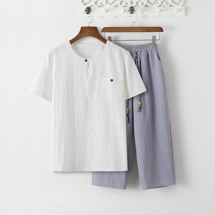 Buddha Stones夏 2点セット 無地 半袖 Tシャツ 7-8丈パンツ コットンリネン タンスーツ メンズ 瞑想用 布セット ポケット付き - ホワイトTシャツ＆ライトスチールブルーパンツ - US/UK/AU46、 EU56 (5XL) - image 16