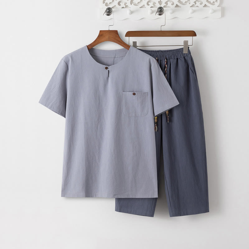 Buddha Stones夏 2点セット 無地 半袖 Tシャツ 7-8丈パンツ コットンリネン タンスーツ メンズ 瞑想用 布セット ポケット付き - ライトスチールブルーのTシャツとスレートグレーのパンツ - US/UK/AU46、 EU56 (5XL) - image 13