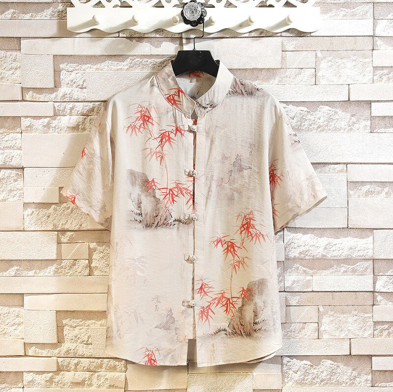 Buddha Stones夏 竹 蝶柄 半袖 カエルボタンデザイン メンズ シャツ ジャケット - ベージュ - US/UK/AU46、 EU56 (5XL) - image 0