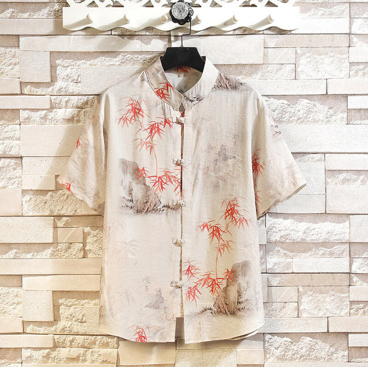 Buddha Stones夏 竹 蝶柄 半袖 カエルボタンデザイン メンズ シャツ ジャケット - ベージュ - US/UK/AU46、 EU56 (5XL) - image 0