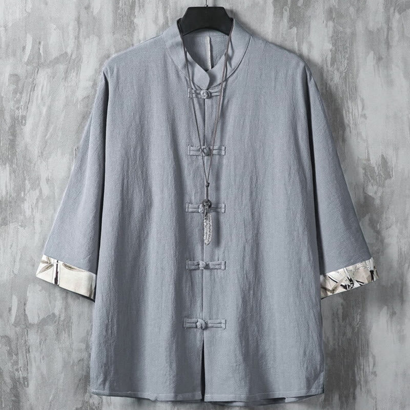 Buddha Stones夏用 カエルボタン パッチワーク 半袖デザイン コットンリネン メンズ シャツジャケット - ダークグレー - US/UK/AU46、 EU56 (5XL) - image 10