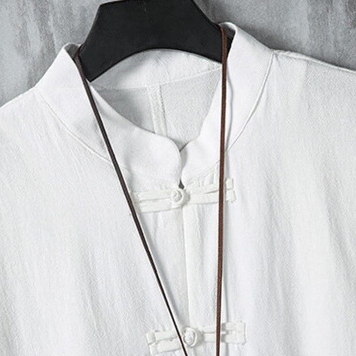 Buddha Stones夏用 カエルボタン パッチワーク 半袖デザイン コットンリネン メンズ シャツジャケット - image 4