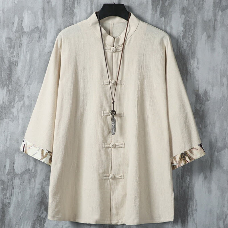 Buddha Stones夏用 カエルボタン パッチワーク 半袖デザイン コットンリネン メンズ シャツジャケット - ベージュ - US/UK/AU46、 EU56 (5XL) - image 12