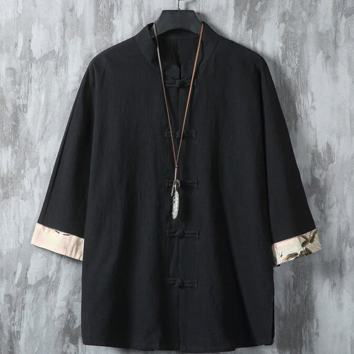 Buddha Stones夏用 カエルボタン パッチワーク 半袖デザイン コットンリネン メンズ シャツジャケット - 黒 - US/UK/AU46、 EU56 (5XL) - image 1