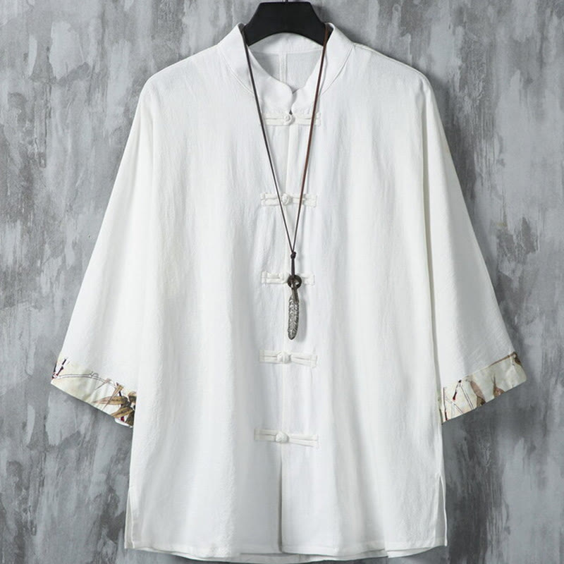 Buddha Stones夏用 カエルボタン パッチワーク 半袖デザイン コットンリネン メンズ シャツジャケット - 白 - US/UK/AU46、 EU56 (5XL) - image 2