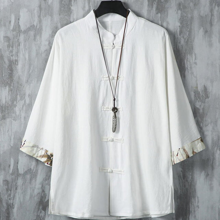 Buddha Stones夏用 カエルボタン パッチワーク 半袖デザイン コットンリネン メンズ シャツジャケット - 白 - US/UK/AU46、 EU56 (5XL) - image 2