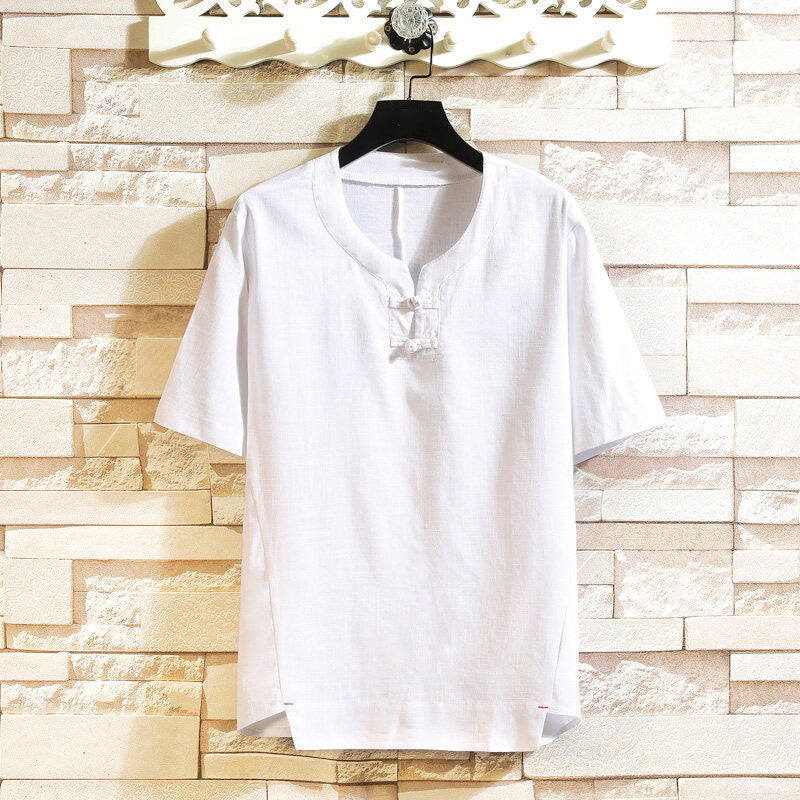 Buddha Stones夏 中国風 カエルボタン メンズ 無地 ボタン 半袖 コットン リネン シャツ - 白 - US/UK/AU46、 EU56 (5XL) - image 8