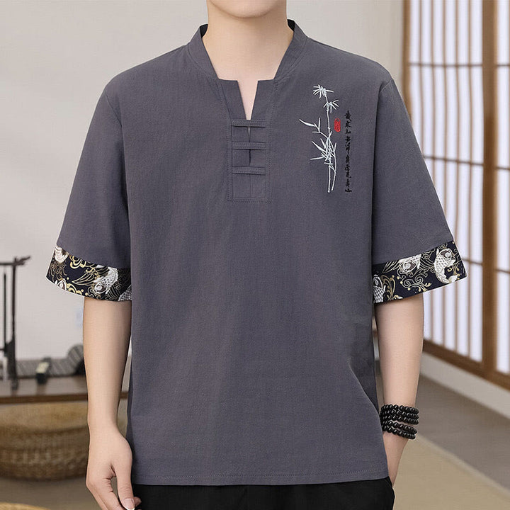 Buddha Stones夏 刺繍 竹柄 パッチワークデザイン メンズ 半袖 コットンリネン Tシャツ - スレートグレー - US/UK/AU46、 EU56 (5XL) - image 2