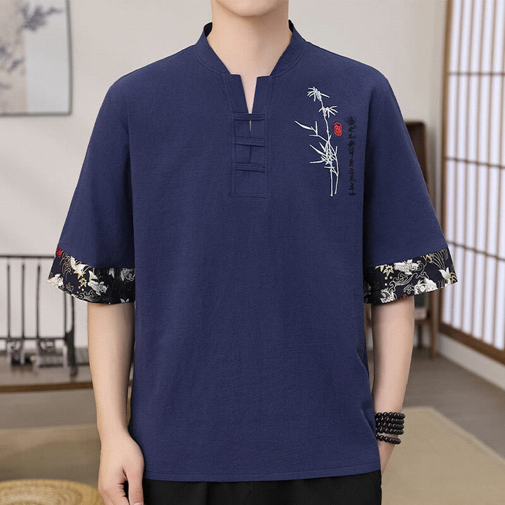 Buddha Stones夏 刺繍 竹柄 パッチワークデザイン メンズ 半袖 コットンリネン Tシャツ - ダークスレートブルー - US/UK/AU46、 EU56 (5XL) - image 4