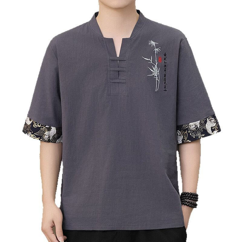 Buddha Stones夏 刺繍 竹柄 パッチワークデザイン メンズ 半袖 コットンリネン Tシャツ - image 3