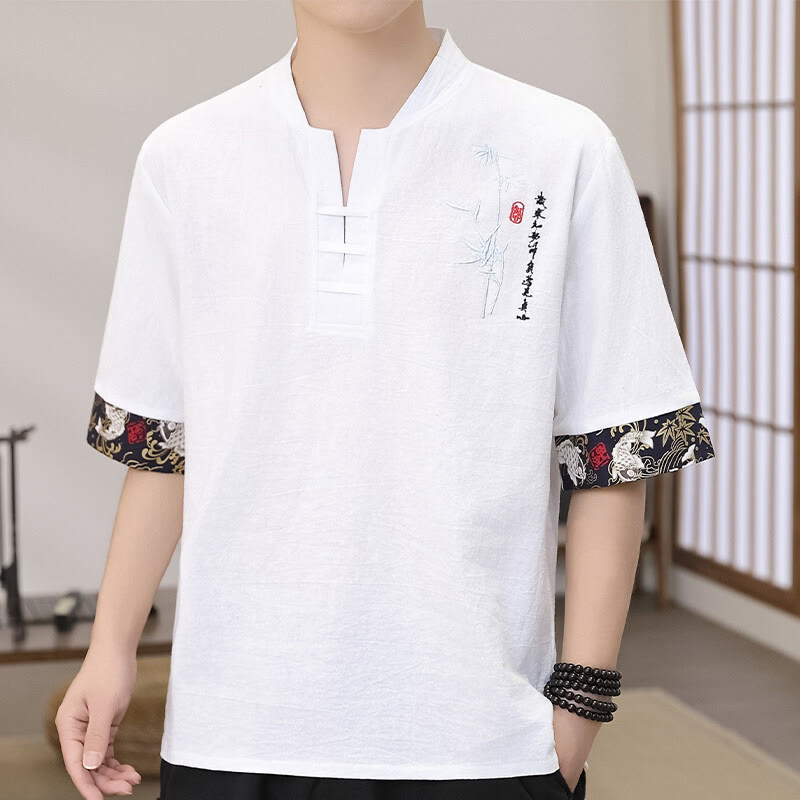 Buddha Stones夏 刺繍 竹柄 パッチワークデザイン メンズ 半袖 コットンリネン Tシャツ - 白 - US/UK/AU46、 EU56 (5XL) - image 0
