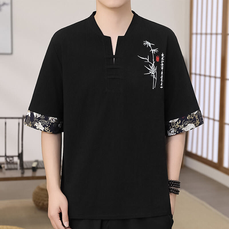 Buddha Stones夏 刺繍 竹柄 パッチワークデザイン メンズ 半袖 コットンリネン Tシャツ - 黒 - US/UK/AU46、 EU56 (5XL) - image 1