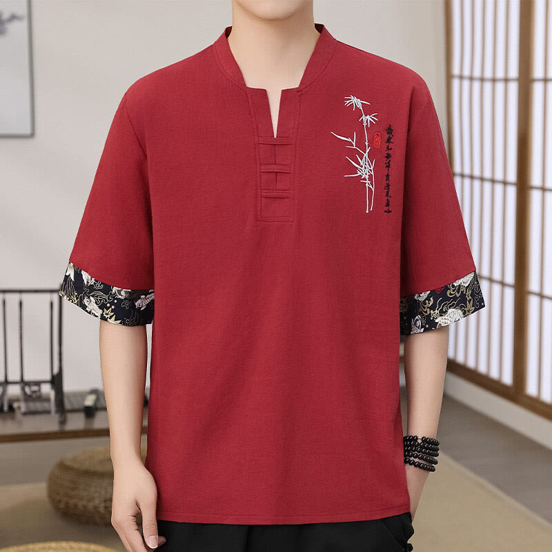 Buddha Stones夏 刺繍 竹柄 パッチワークデザイン メンズ 半袖 コットンリネン Tシャツ - クリムゾン - US/UK/AU46、 EU56 (5XL) - image 5