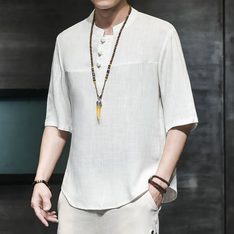 Buddha Stonesカジュアル ヴィンテージ 中国風 カエルボタン メンズ 半袖 コットン リネン Tシャツ - 白 - US/UK/AU46、 EU56 (5XL) - image 7