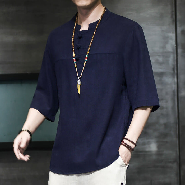 Buddha Stonesカジュアル ヴィンテージ 中国風 カエルボタン メンズ 半袖 コットン リネン Tシャツ - ミッドナイトブルー - US/UK/AU46、 EU56 (5XL) - image 19