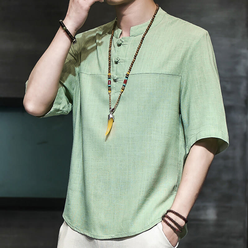 Buddha Stonesカジュアル ヴィンテージ 中国風 カエルボタン メンズ 半袖 コットン リネン Tシャツ - スプリンググリーン - US/UK/AU46、 EU56 (5XL) - image 13