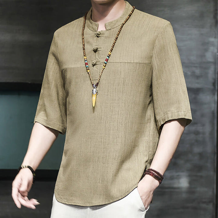 Buddha Stonesカジュアル ヴィンテージ 中国風 カエルボタン メンズ 半袖 コットン リネン Tシャツ - ダークカーキ - US/UK/AU46、 EU56 (5XL) - image 0