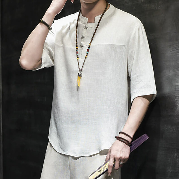 Buddha Stonesカジュアル ヴィンテージ 中国風 カエルボタン メンズ 半袖 コットン リネン Tシャツ - image 11