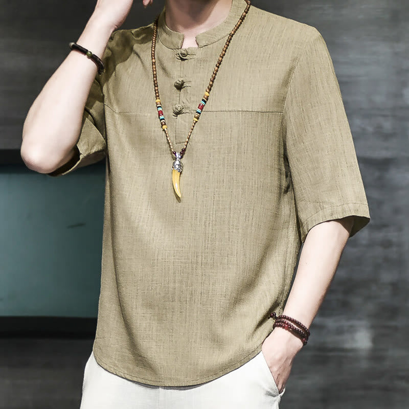 Buddha Stonesカジュアル ヴィンテージ 中国風 カエルボタン メンズ 半袖 コットン リネン Tシャツ - image 1