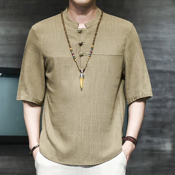 Buddha Stonesカジュアル ヴィンテージ 中国風 カエルボタン メンズ 半袖 コットン リネン Tシャツ - image 2