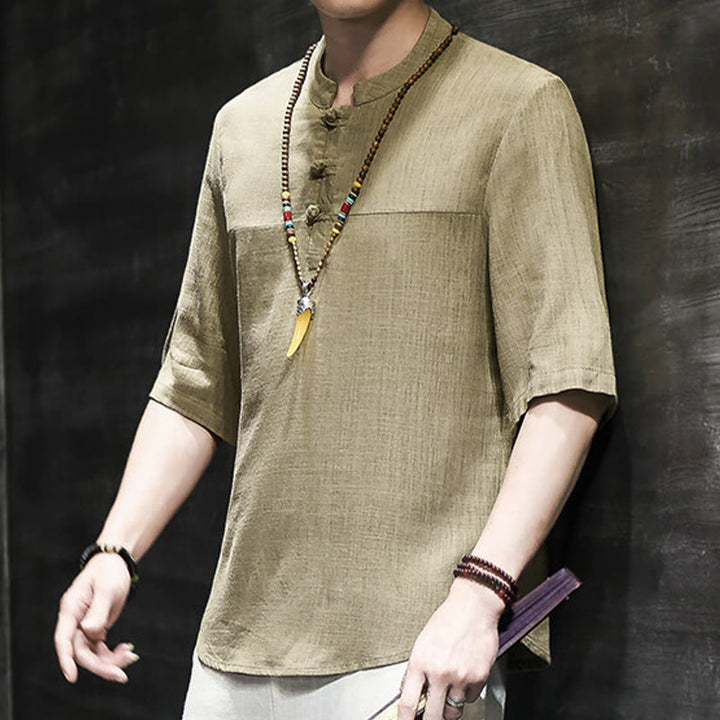 Buddha Stonesカジュアル ヴィンテージ 中国風 カエルボタン メンズ 半袖 コットン リネン Tシャツ - image 5