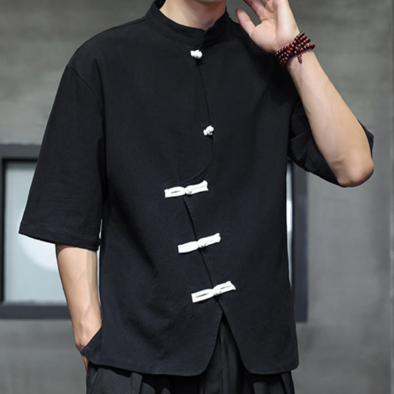 Buddha Stonesプレーンチャイニーズフロッグボタンスタンドカラーコットンリネンメンズハーフスリーブシャツ - 黒 - US/UK/AU46、 EU56 (5XL) - image 0