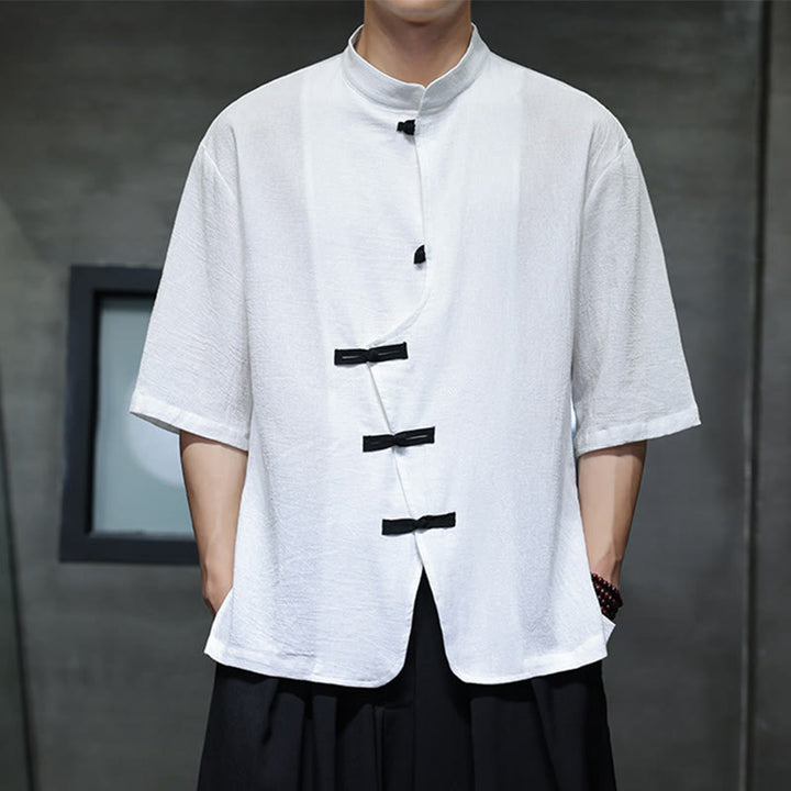 Buddha Stonesプレーンチャイニーズフロッグボタンスタンドカラーコットンリネンメンズハーフスリーブシャツ - image 7