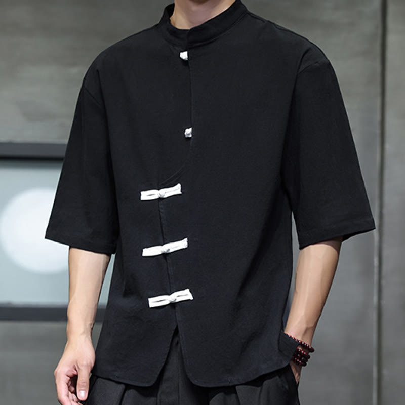 Buddha Stonesプレーンチャイニーズフロッグボタンスタンドカラーコットンリネンメンズハーフスリーブシャツ - image 3