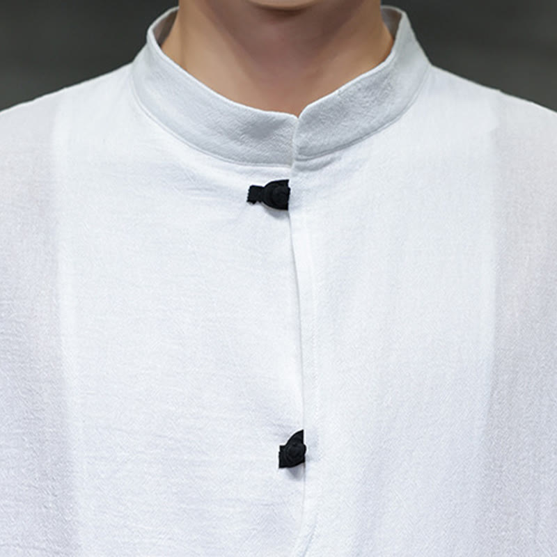 Buddha Stonesプレーンチャイニーズフロッグボタンスタンドカラーコットンリネンメンズハーフスリーブシャツ - image 11