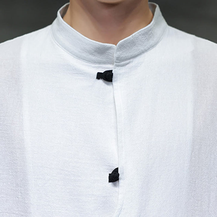 Buddha Stonesプレーンチャイニーズフロッグボタンスタンドカラーコットンリネンメンズハーフスリーブシャツ - image 11