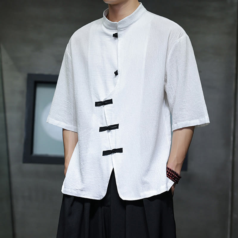 Buddha Stonesプレーンチャイニーズフロッグボタンスタンドカラーコットンリネンメンズハーフスリーブシャツ - image 8