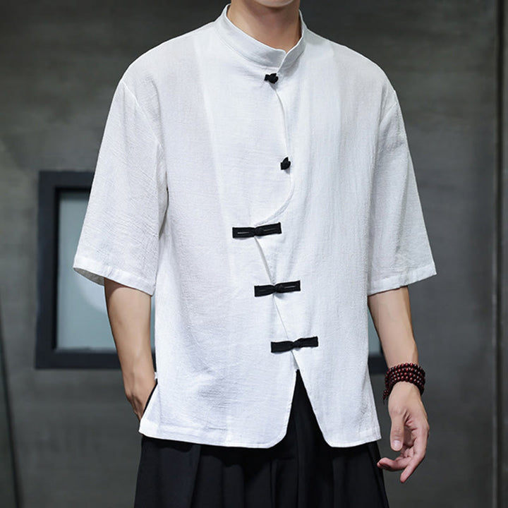 Buddha Stonesプレーンチャイニーズフロッグボタンスタンドカラーコットンリネンメンズハーフスリーブシャツ - 白 - US/UK/AU46、 EU56 (5XL) - image 6