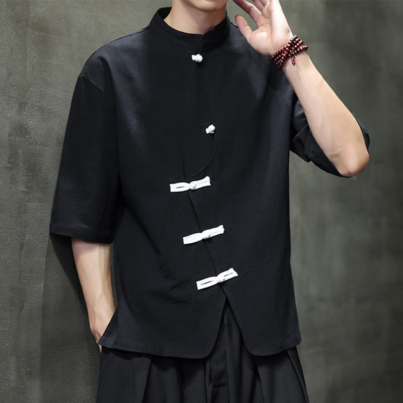 Buddha Stonesプレーンチャイニーズフロッグボタンスタンドカラーコットンリネンメンズハーフスリーブシャツ - image 4