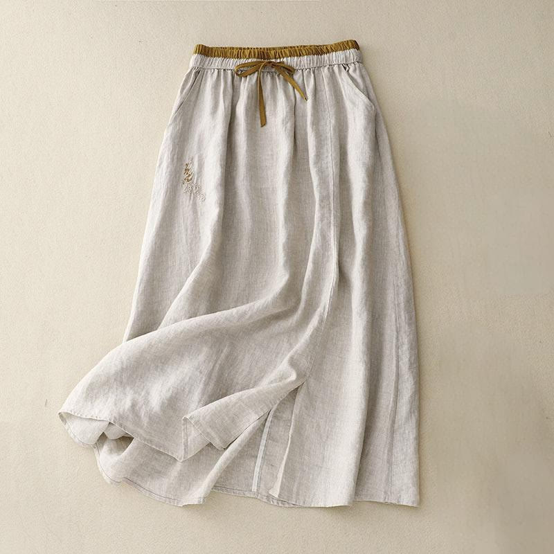 Buddha Stonesヴィンテージ 無地 刺繍 ドローストリング コットンリネン レディース スカート ポケット付き - ベージュ - US8-10，UK/AU12-14，EU40-42 (2XL) - image 7