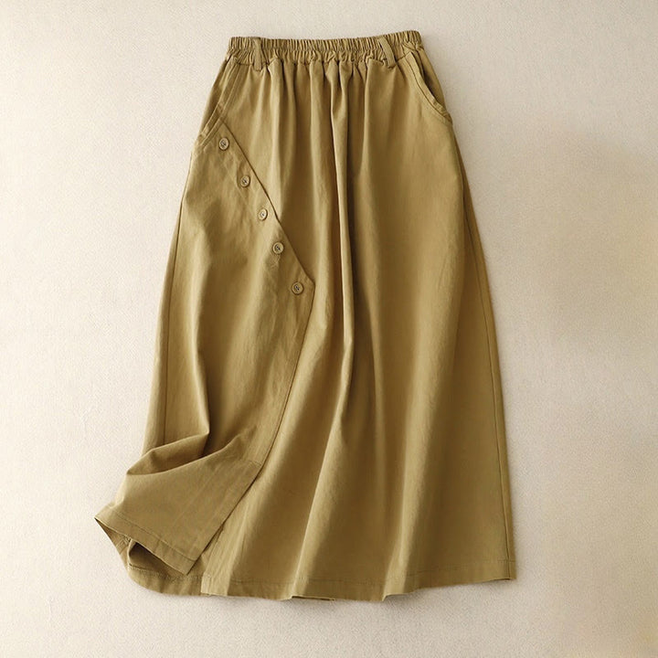 Buddha Stonesカジュアル 無地 アシンメトリー ボタンデザイン コットン レディース スカート ポケット付き