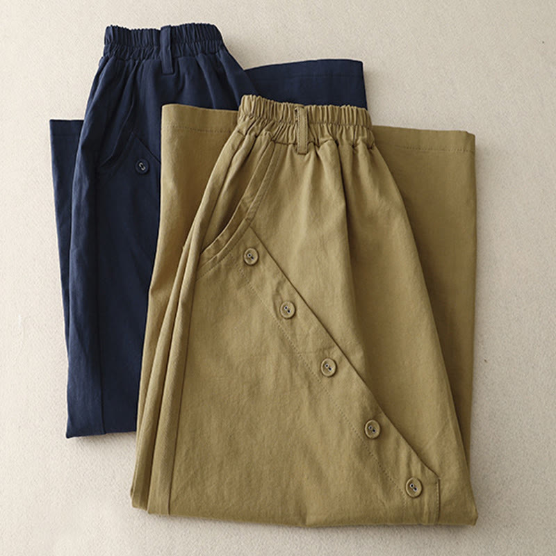 Buddha Stonesカジュアル 無地 アシンメトリー ボタンデザイン コットン レディース スカート ポケット付き
