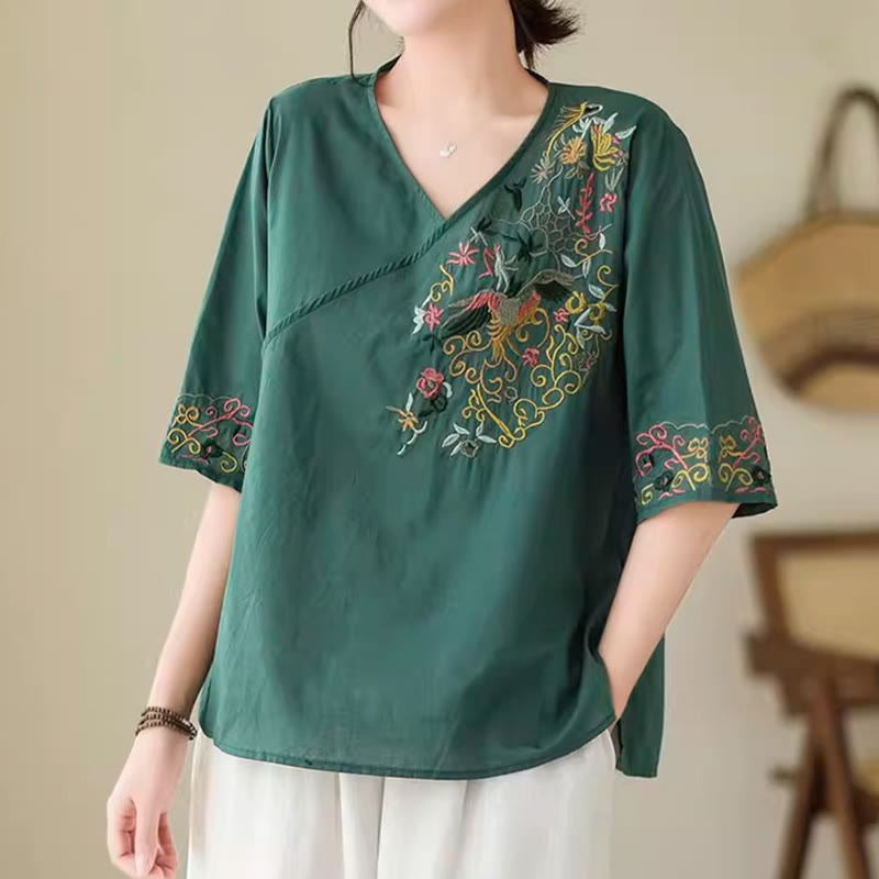 Buddha Stonesカジュアルカラフルな刺繍植物鳥柄レディースVネックデザイン半袖コットンTシャツ - シーグリーン - US12、 UK/AU16、 EU44 (3XL) - image 0