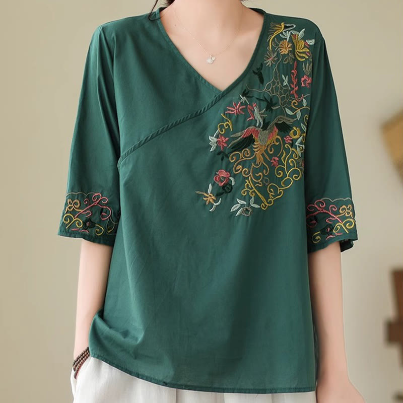 Buddha Stonesカジュアルカラフルな刺繍植物鳥柄レディースVネックデザイン半袖コットンTシャツ - image 1