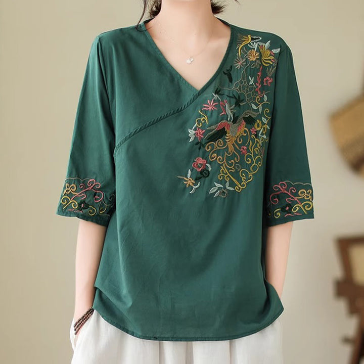 Buddha Stonesカジュアルカラフルな刺繍植物鳥柄レディースVネックデザイン半袖コットンTシャツ - image 4