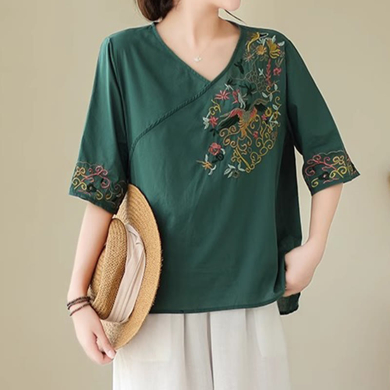 Buddha Stonesカジュアルカラフルな刺繍植物鳥柄レディースVネックデザイン半袖コットンTシャツ - image 3