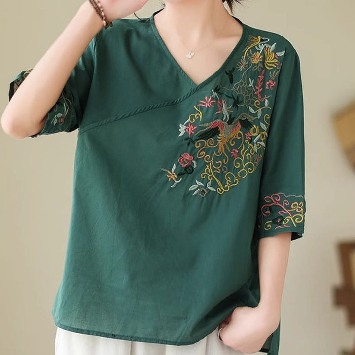 Buddha Stonesカジュアルカラフルな刺繍植物鳥柄レディースVネックデザイン半袖コットンTシャツ - image 2