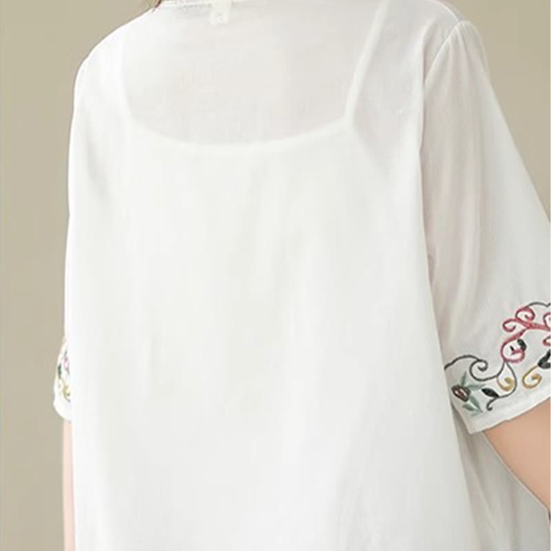 Buddha Stonesカジュアルカラフルな刺繍植物鳥柄レディースVネックデザイン半袖コットンTシャツ - image 8