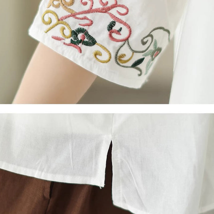 Buddha Stonesカジュアルカラフルな刺繍植物鳥柄レディースVネックデザイン半袖コットンTシャツ - image 9