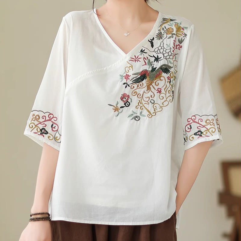 Buddha Stonesカジュアルカラフルな刺繍植物鳥柄レディースVネックデザイン半袖コットンTシャツ - 白 - US12、 UK/AU16、 EU44 (3XL) - image 5