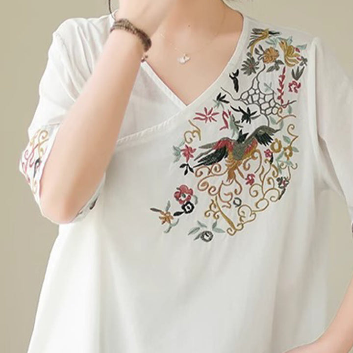 Buddha Stonesカジュアルカラフルな刺繍植物鳥柄レディースVネックデザイン半袖コットンTシャツ - image 7