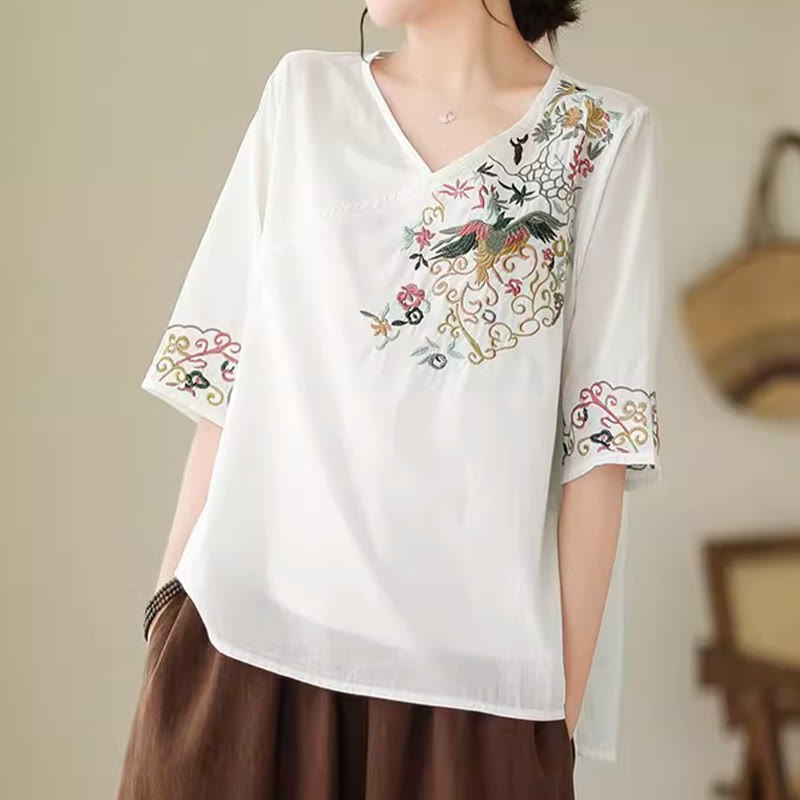 Buddha Stonesカジュアルカラフルな刺繍植物鳥柄レディースVネックデザイン半袖コットンTシャツ - image 6