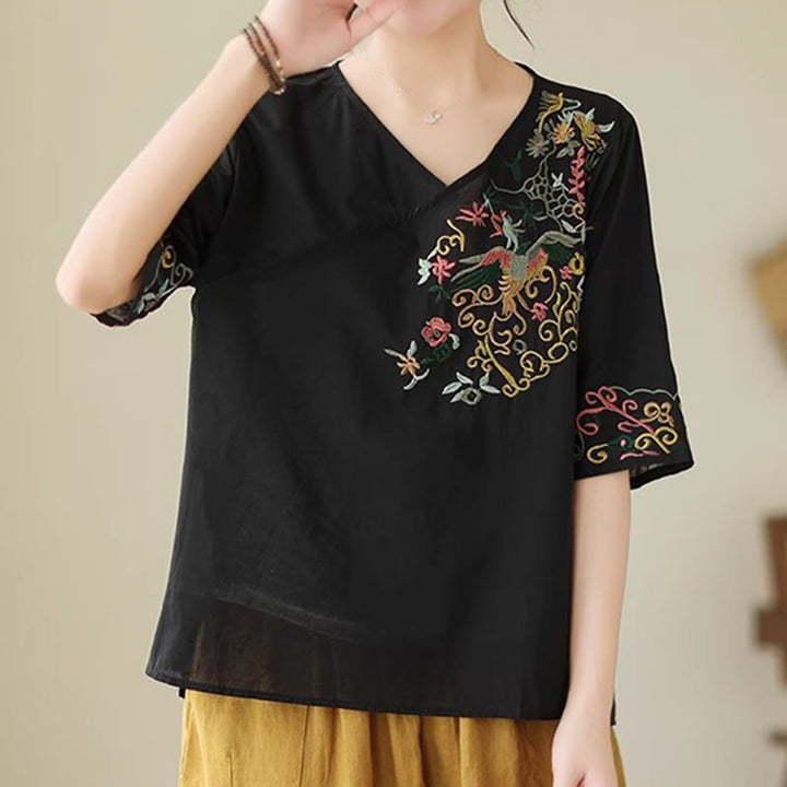 Buddha Stonesカジュアルカラフルな刺繍植物鳥柄レディースVネックデザイン半袖コットンTシャツ - image 12